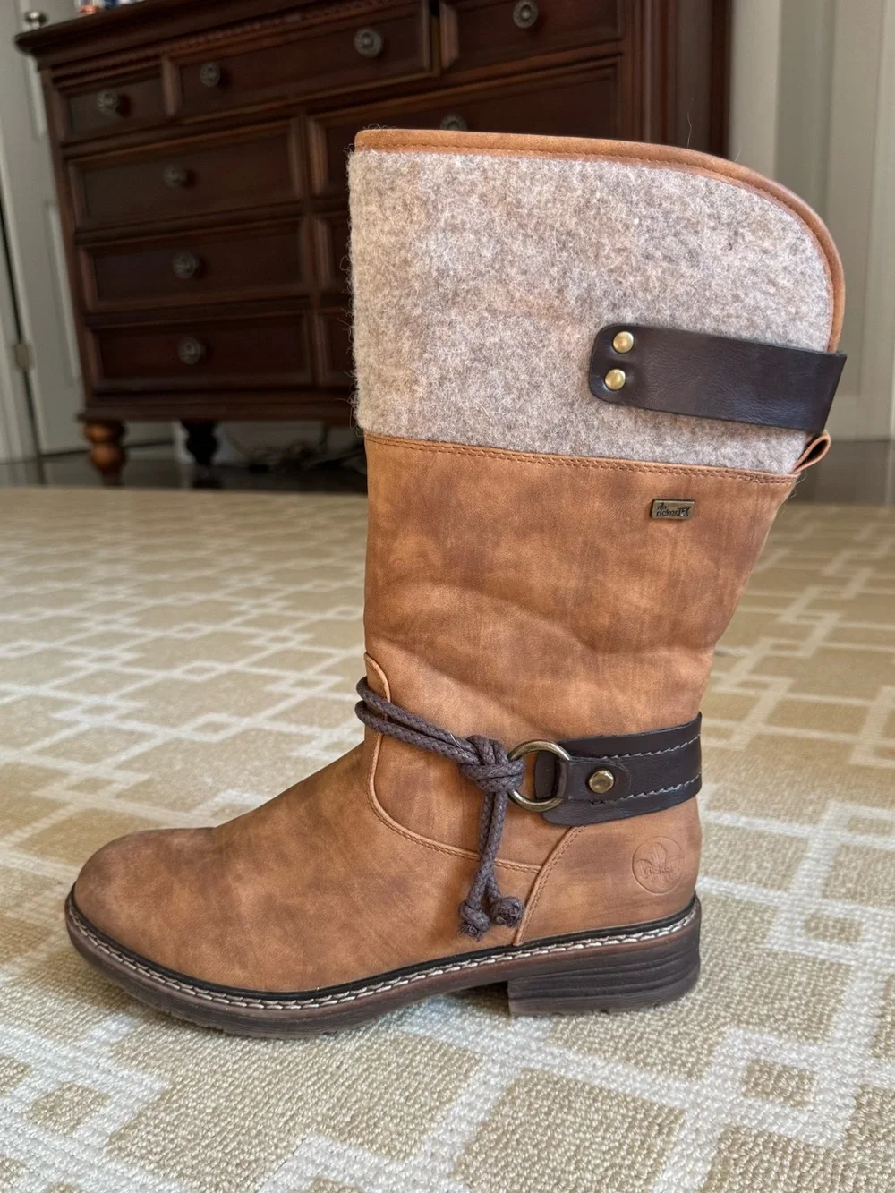 Rieker Brown Faux Leather Mid Calf Winter Boots Wool Lined EU 39 (US 8.5)